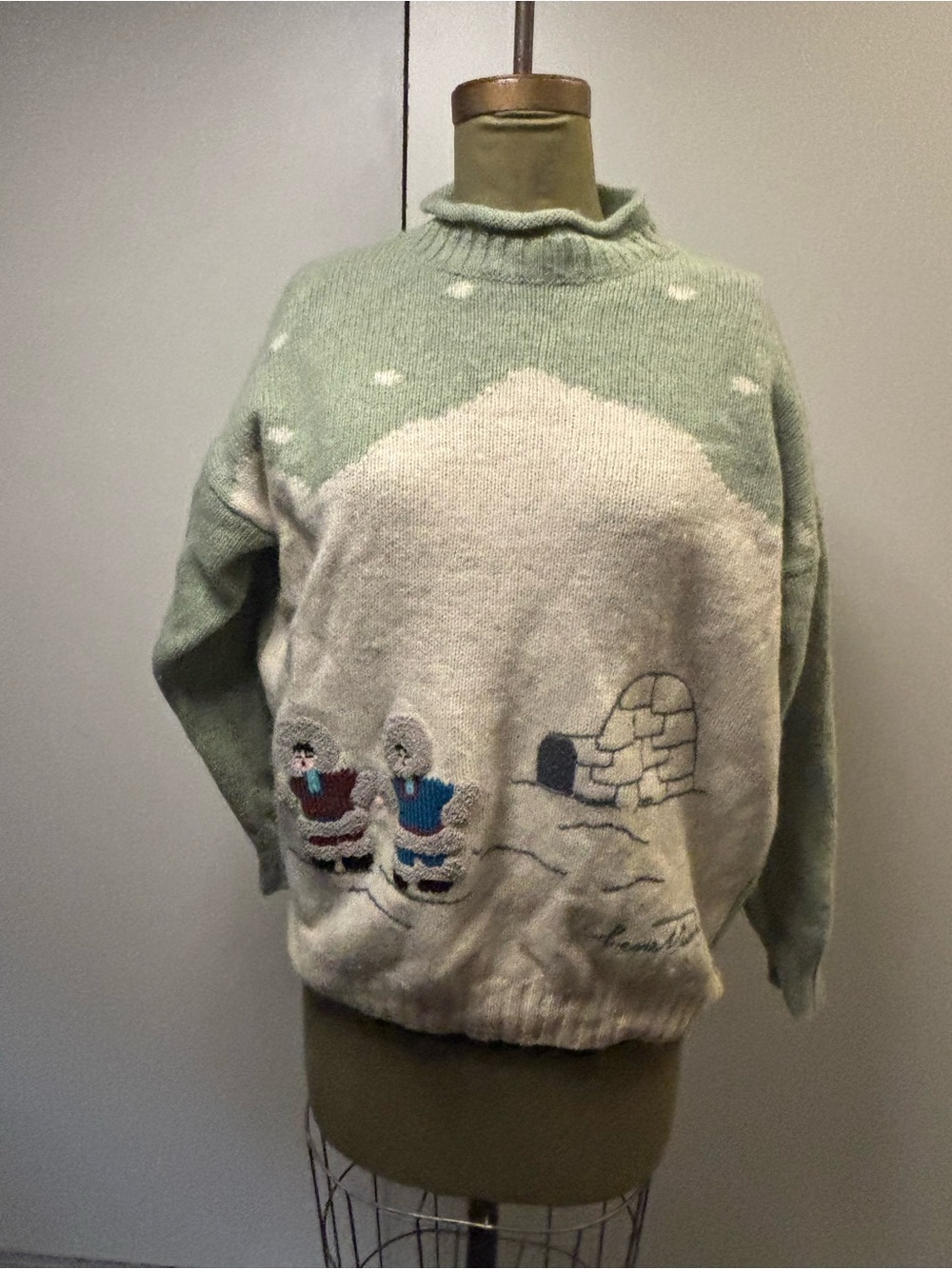 Vintage Unisex Sage Green and Cream Winter Knit Sweater with Snow Scene